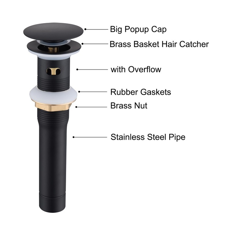 Jincrop Bathroom Sink Drain Matte Black with Overflow, Pop Up