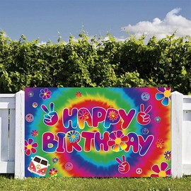 LOONELO Groovy Fondo de feliz cumpleaños con 70 x 43 pulgadas, pancarta de fiesta de cumpleaños de los 60, estilo hippie bohemio, fondo de fotografía de cumpleaños para temática hippie y decoración de