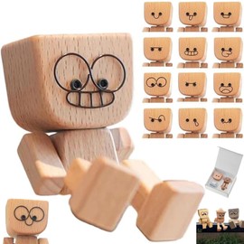 Shaking Wooden Man Figurine – Funny Wooden Dashboard Ornament with 12 Magnetic Expressions, Car Dashboard Accessories & Desk Decor, Creative Gift for Drivers, Friends & Office Fun