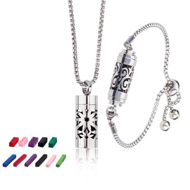 SUPERFINDINGS 2 Styles Essential Oil Diffuser Necklace Bracelet Stainless Steel Aromatherapy Locket Pendant Set with 20Pcs Felt Pads Changeable Perfume Pads Adjustable Diffuser Necklaces Gift Set