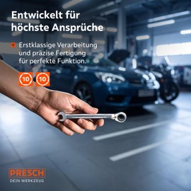 PRESCH Ratchet Wrench 10 mm Switchable - Minimum Return Angle (4°, 90 Teeth) - 15° Angled for Confined Places - Precision Milled, Robust Ring Ratchet Wrench