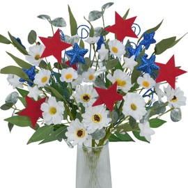 6 Pcs Patriotic Artificial Flower for 4th of July Decorations White Silk Gerbera Daisy Flowers Picks with Blue Red Stars Memorial Flowers Arrangement for Independence Day Home Office Table Vase Decor