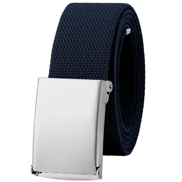Cinturón de lona totalmente ajustable para adaptarse a cinturón de golf, hebilla superior abatible, 1 unidad, hebilla plateada, azul marino, Fit waist 29-47"