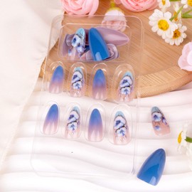 Press on Nails Almond Medium Fake Nails Blue Ombre False Nails with Flower Designs Full Cover Stick on Nails Glue on Nails Acrylic Nails for Women 24 Pcs