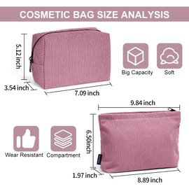 MAANGE Bolsa de Maquillaje 2 Pcs Bolsa de Cosméticos de Pana Cosmetiquera para Maquillaje Pequeña Cosmetiquera para Viajar Bolsa para Maquillaje Versátil Portátil Neceser(ROSA)