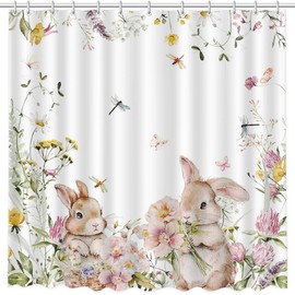 MEHOFOND Spring Easter Bunny Shower Curtains for Bathroom Cute Rabbits Floral Plant Watercolor Flower Shower Curtain Set with Hooks Home Bathroom Bathtubs Decor Washable Durable Fabric 72"x72"