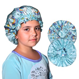 Kids Silk Sleep Bonnet – 100% Pure Mulberry Silk Reversible Bonnet for Girls & Boys – Adjustable Fit for Children & Teens – For All Hair Types – Handmade USA – Double Layered 19 Momme (Blue Rainbows)