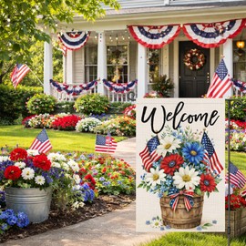 Louise Maelys 4th of July Garden Flag 12x18 Inch Double Sided, Patriotic Daisy Floral Welcome Small Yard Flag, American Independence Day Outdoor Outside Banner Sign Front Porch Lawn Decorative