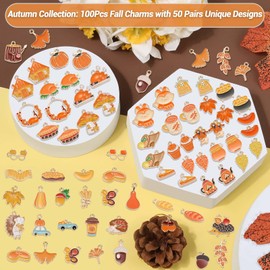 100Pcs 50 Pairs Fall Charms for Jewelry Making and Bracelets, Thanksgiving Autumn Charms Gold Enamel Jewelry Pendants for Earring Bracelet Necklace Crafts Making