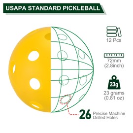 PATIKIL Outdoor Pickleball Balls 26 Holes Pickleball 12 Pack Pickleball Balls for Amateurs Indoor and Outdoor Sport, Yellow