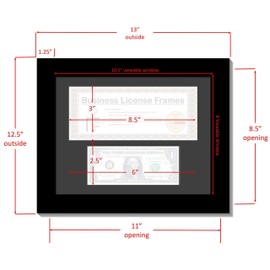 CreativePF [$L8.5x11bk-b] Black First Dollar Frame with Business License, Mat Holds 1st Dollar and One 3.5x8.75 License Including Self Standing Easel and Wall Hanger
