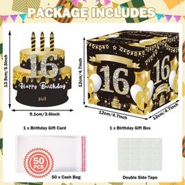 Happy 16th Birthday Money Box Cash Gift, 16th Birthday Gifts for Girls Boys Surprise Pull Out Money Gift Box 16th Birthday Gifts for Girls Boys, Fun Ways to Give Cash (with 50PCS Bags)