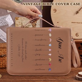 Vintage Bible Cover Case, Genuine PU Leather Large Bag with Handle & Zippered Pocket, Elegant Floral Pattern, for Standard Size & Bible Accessories, Ideal Gift for Women Families Faith Lovers