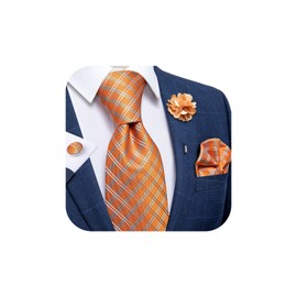 DiBanGu Men's Plaid Stripe Orange Silk Tie and Lapel Pin Brooch Set Woven Handkerchief Pocket Square Wedding Formal with Cufflinks