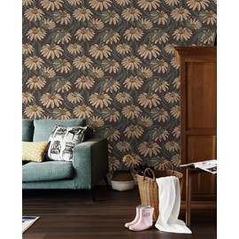 HAOKHOME 93292 Vintage Peel and Stick Wallpaper Floral Brown/PeachPuff/Green Daisy Wall Decor Home Bathroom Boho Decor 17.7in x 6.6ft