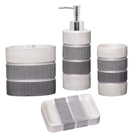 Zahari Home 4pc Modern Line Modern Bathroom Accessories Set Modern Soap Dispenser, Tumbler, Tooth Brush Holder and Dish Soap Holder Luxury Contemporary Grey Decor Unique Design Luxury Bath Set