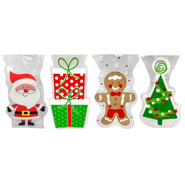 Set of (80) Christmas Cello/Cellophane/Loot Treat Bag w/Ties – 4 Holiday Designs! (80)