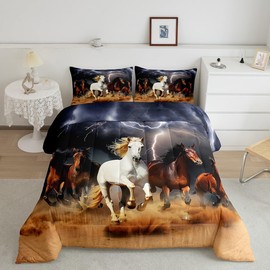 Manfei Galloping Horse Kids Comforter Set Twin Size,Western Cowboy Horseshoes Rustic Farmhouse Bedding Set,Girls Boys Room Decor,Lightning Animals Down Comforter,Brown Retro Duvet Insert,1 Pillowcase