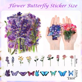 Augshy 240 Transparent Flower Butterfly Scrapbook Stickers, PET Flower Plant Butterfly Stickers Floral Stickers for Scrapbooking, Photo Albums, Crafts, Notebook Computer (120 Styles)