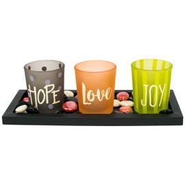 Tealight Decorative Candle Holders by Exultimate Hope Love Joy Design Candle Tray Set with Mahogany Colored Tray and Colored Beads Included a Sophisticated Accent for Any Decor Candle Holder