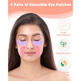 Beautistin 4 Pairs Reusable Under Eye Wrinkle Patches Silicone Mask, Plump Fine Lines & Wrinkles, with Metal Eye Cream Applicator, Tin Case, Purple&Pink