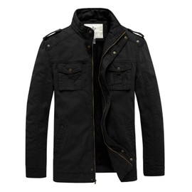 WenVen Mens Stand Collar Fleece Lined Thicken Cotton Military Jacket (Black, L)