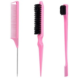 Pink Slick Back Hair Brush - Rat Tail Comb for Hair Parting, Teasing Comb for Enhancing Volume and Fullness, Edge Brush for Controlling Flyaways - Style: 4 Pieces (Black)
