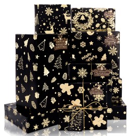 Rancco Christmas Wrapping Paper, Black and Gold Wrapping Paper, Christmas Tree Snowflake Reindeer Glitter Foil Xmas Wrap papers for New Year, Party, Birthday, Wedding, Holiday, 6 Pcs 29.5x19.6in
