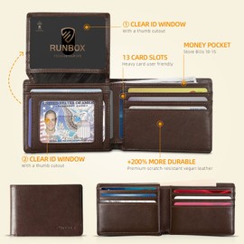 RUNBOX Men's Leather Bifold RFID Blocking Wallet with 2 ID Windows Gift Box