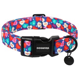 DOGWONG Valentine's Day Dog Collar - Blue Heart Candy Adjustable Cotton Heart Dog Collar - Perfect Cute Dog Collar for Small Medium Large Dogs