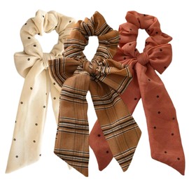 3 Piece Chiffon Bow Scrunchie Set (Beige, Brown, and Burnt Sienna)