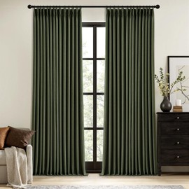 MIULEE Olive Green Pinch Pleated 100% Blackout Linen Curtains 96 Inch Length 2 Panels Set, Black Out Memory Trained Pleat Curtains Light Blocking Room Darkening Drapes for Bedroom Living Room Window