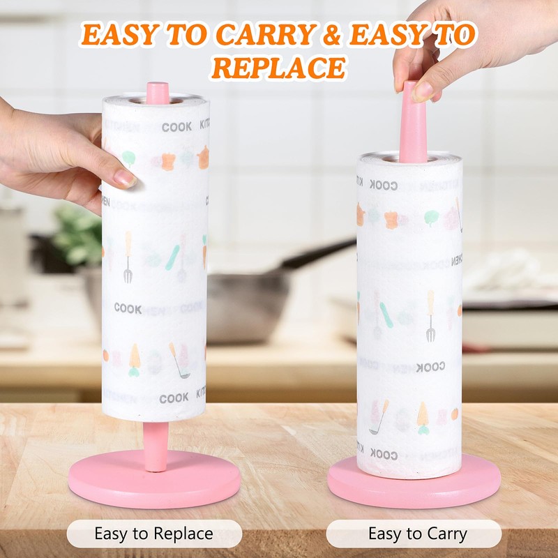 Pink Paper Towel Holder Countertop with 2 Hooks, Stainless Steel,