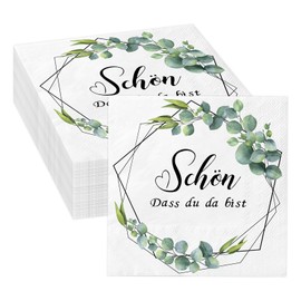 Pack of 80 Serviettes Schön Dass Du Da Bist Eucalyptus Green White 3-Layer Napkins Communion Confirmation Table Decoration Wedding Christening Birthday Wedding Christening Celebration Table Decoration