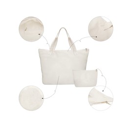 Binggemen Blank Canvas Bags with Inner Pocket,Top Zipper Closure,Reusable Grocery Shopping Bag with Make Up Bag,DIY Gifts Tote Bag for Women Friends White