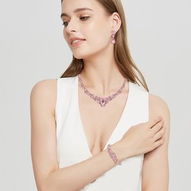 EVER FAITH Austrian Crystal Bridal Jewelry Set for Bride, Teardrop Wedding Costume Prom Party Necklace Dangle Earrings Bracelet Sets for Women Pink Silver-Tone