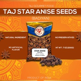 TAJ Star Anise Seeds (Whole Pods), Badian Khatai, Whole Chinese Star Anise, 7oz (200g)