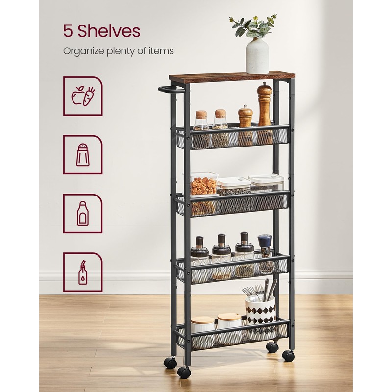 VASAGLE Slim Rolling Cart, 5-Tier Storage Cart, Narrow Carts with
