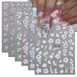 6Sheets Hibiscus Flower Nail Stickers for Nail Art 3D Self-Adhesive Nail Decals Glitter with Luxury Rhinestones Nail Design Stickers Blue Pink Nail Set Supplies French Tip Nail Decor for Women