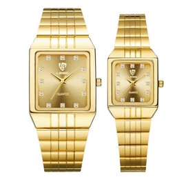 JewelryWe Gold Square Couple Watches: Rhinestone Analog Quartz Waterproof Stainless Steel Casual Dress Wristwatch for Men Women