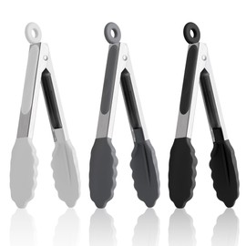 7-Inch Silicone Tongs Pack of 3, Small Tongs with Silicone Tips for Cooking, Barbecue, Buffet Serving (7", Black/Grey/White)