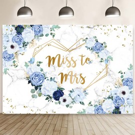 AIBIIN 7x5ft Miss to Mrs Floral Backdrop for Bridal Shower Blue and White Flowers Photography Background Hearts Geometric Couple Wedding Party Decorations Bride to Be Engagement Banner Props
