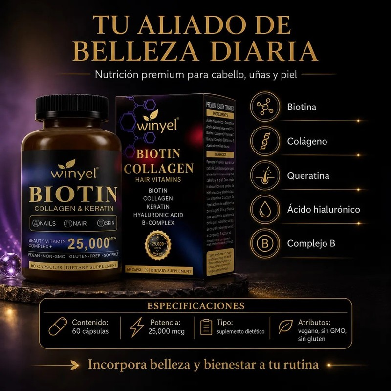 Biotina Colágeno Queratina Ácido Hialurónico 60 Cápsulas