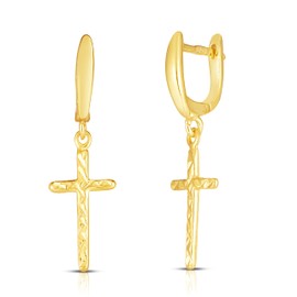 Savlano 925 Sterling Silver Diamond Cut Cross Huggie Hoop Earrings -18K Gold Plated Cross Charm Dangle Drop Earrings for Women Comes with Gift Box- Made in Italy