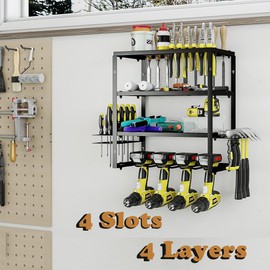 AZERPIAN Power Tool Organizer Tool Storage Shelf Wall Mount,Tool Battery Organizer with Screwdriver/Hammer/Air Tool Rack (4 Slots 4 Layers)