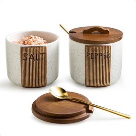 Salt and Pepper Bowl Ceramic, 10 Oz Salt and Pepper Cellar with Lid and Spoon, Farmhouse Salt Containers for Countertop Salt Holer Box, White - Colour: White