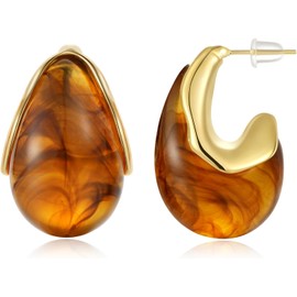 LYLYMIMI Acrylic Teardrop Earrings for Women, 14K Gold Plated Resin Chunky Hoop Earrings, Lightweight Hollow Open Drop Hoops Translucent Hypoallergenic Vintage Fashion Jewelry Gifts (brown)