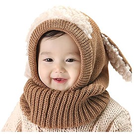 Qersh Baby Winter Hat Scarf Slip-On Hat Warm Cute Bear Winter Hat Scarf Hat Knitted Hat with Bobble Fleece Lining Beanie Hat for 2-7 Years Old Baby, S17
