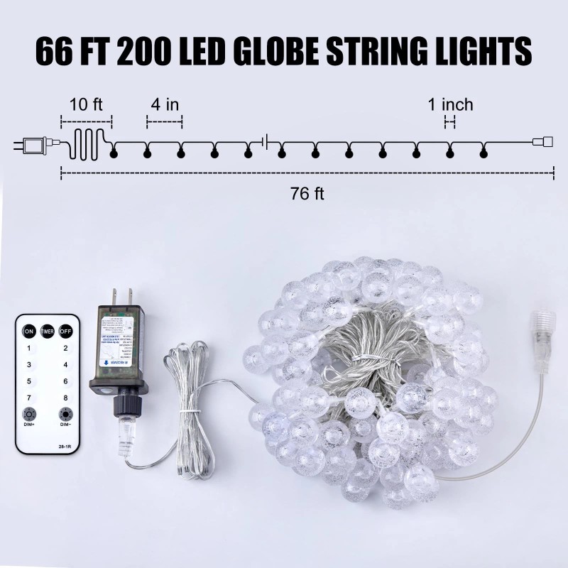 Minetom 66 Ft Warm White Crystal Globe String Lights 200