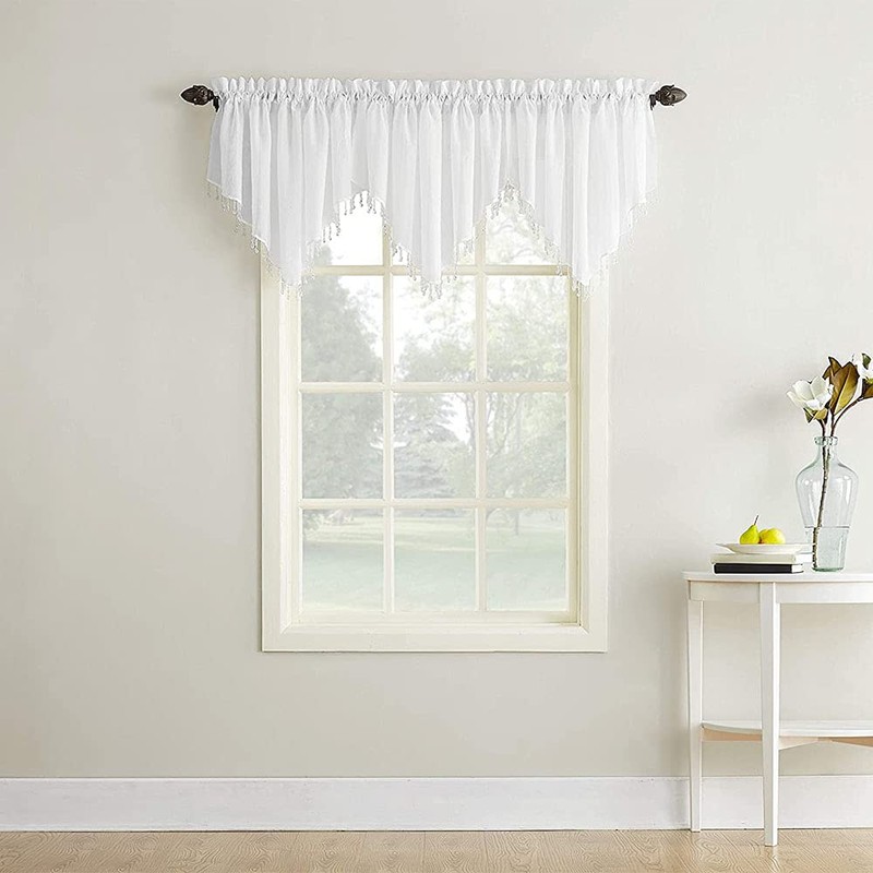 ANCLLO 3 Panels White Crushed Texture Sheer Voile Beaded Rod